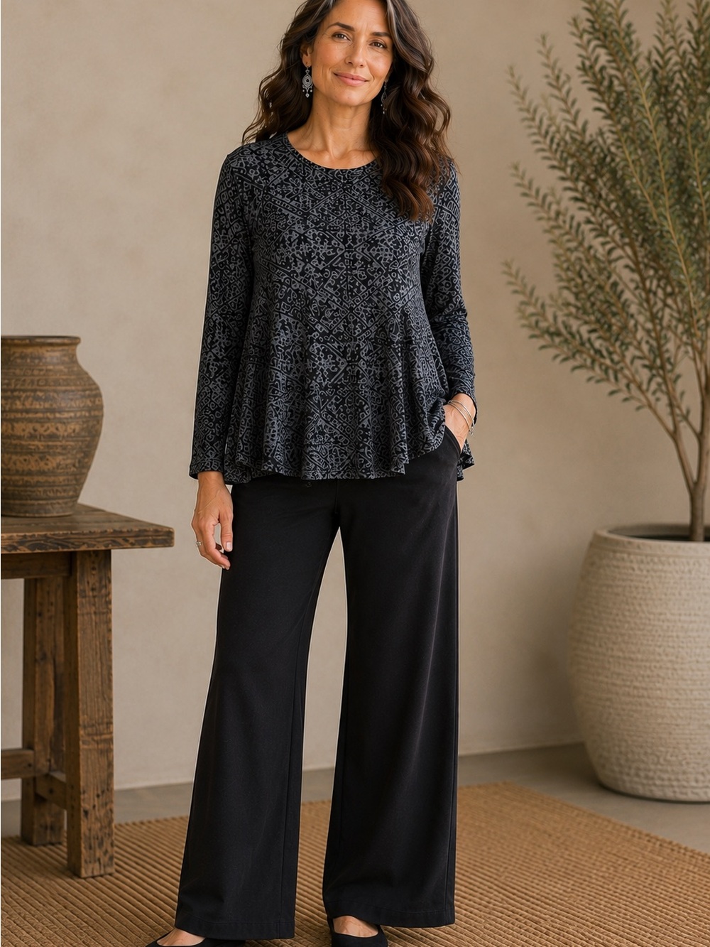 Peruvian Connection Black and Grey Tribal Print Long Sleeve Slub Pima Gotton Top